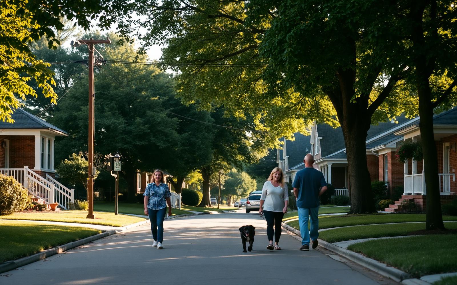 Neighbors walking a dog along a quiet tree-lined residential street in Cotswold, Charlotte NC