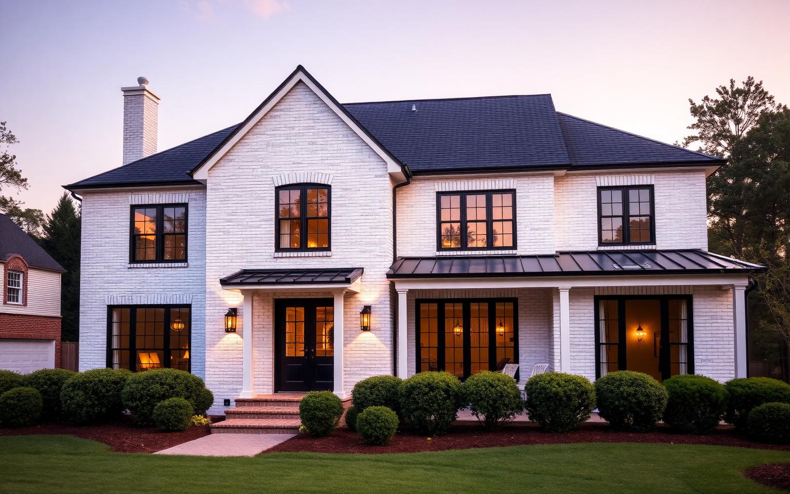 A large new white-brick custom luxury home with black steel windows at dusk in Cotswold, Charlotte