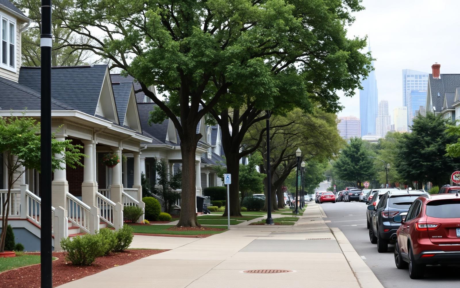 A walkable street of 1920s bungalows with deep porches and sidewalks near uptown Charlotte