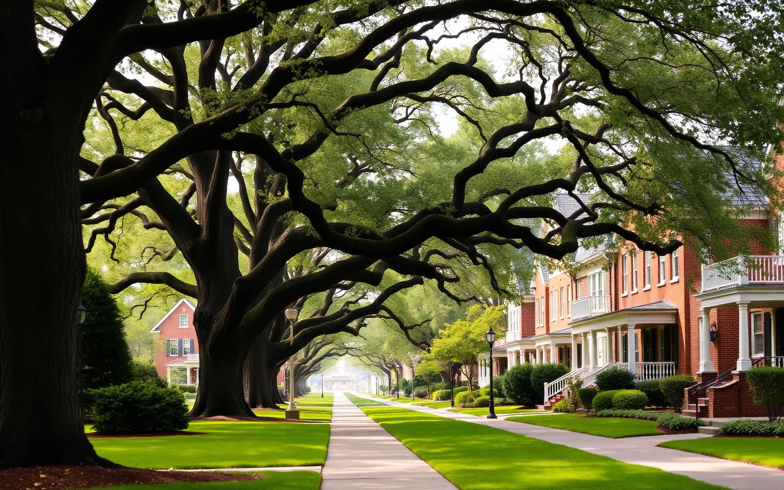 A tree-lined boulevard of stately period homes under willow oak canopy in Myers Park, Charlotte