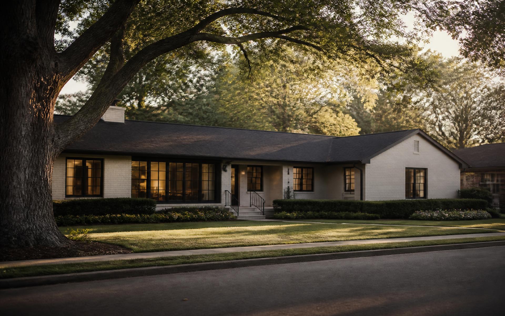 A renovated white-brick ranch home beneath mature oaks on a quiet Cotswold street in Charlotte