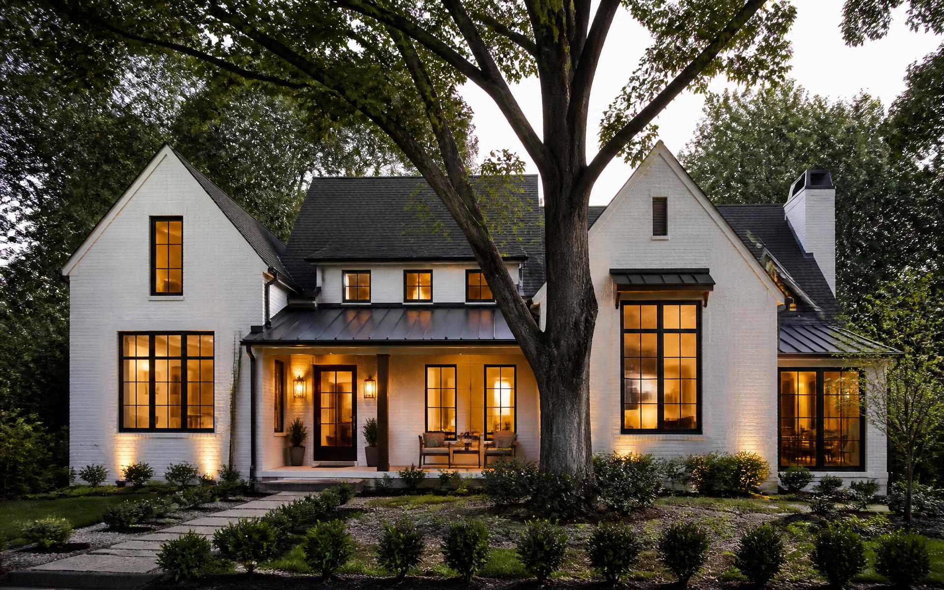 A newly renovated brick ranch home in Cotswold at golden hour