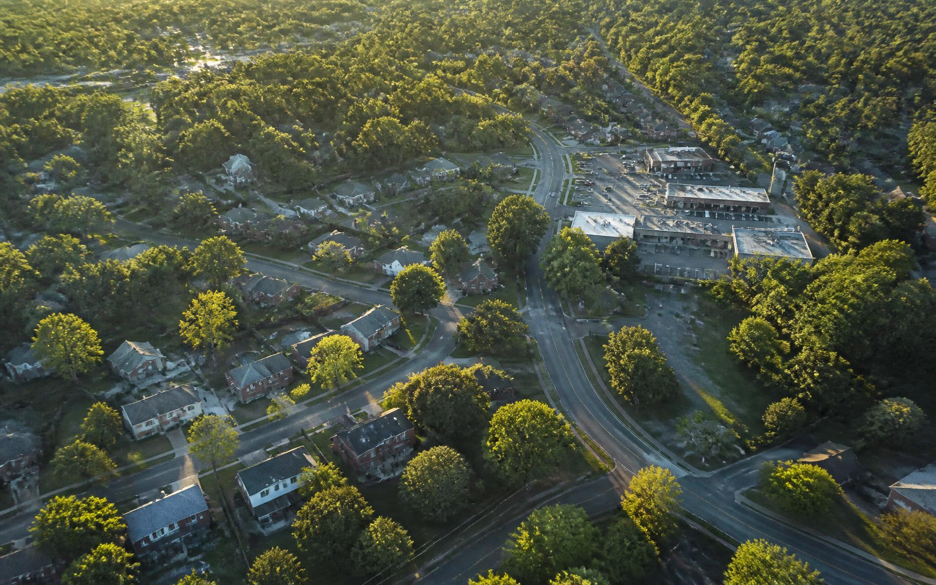 Tree-lined residential street of brick homes in Cotswold, Charlotte NC