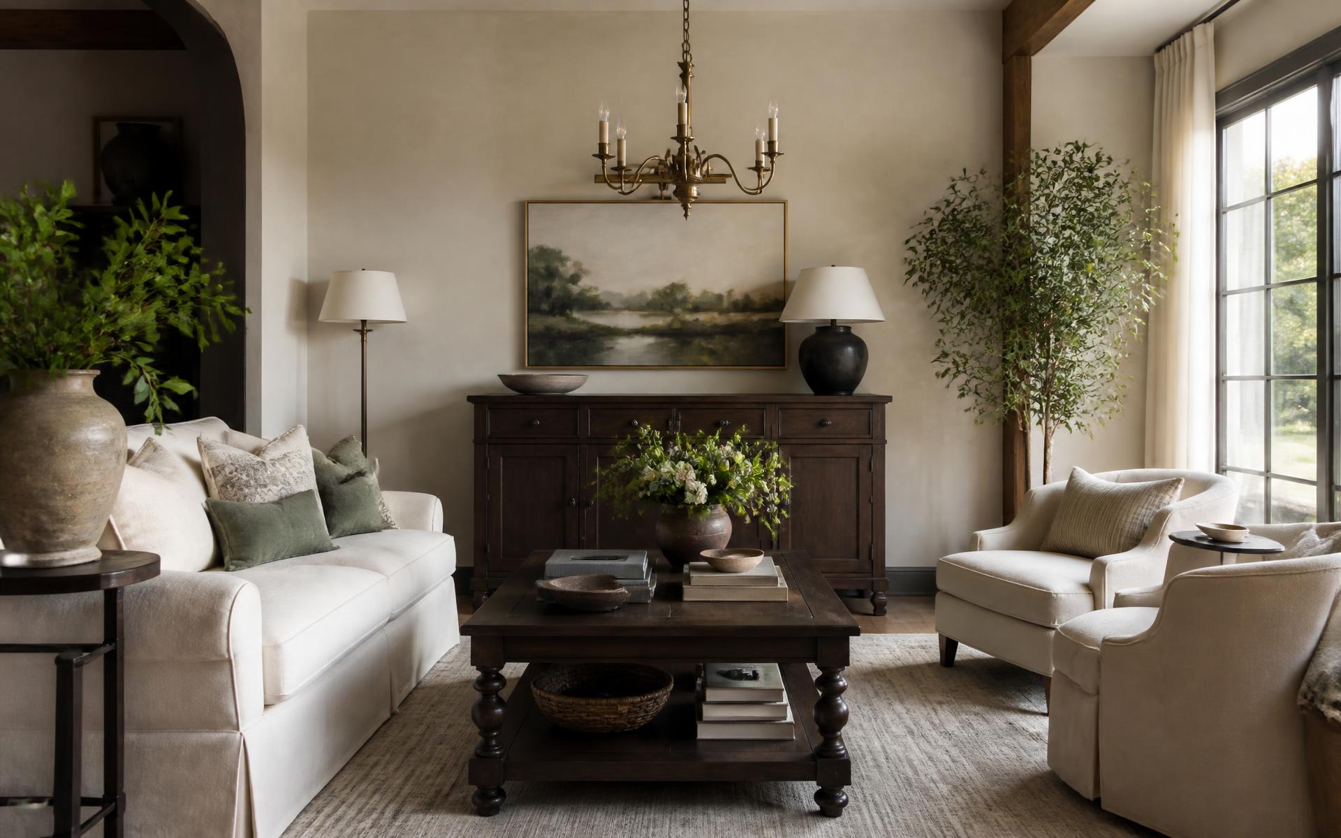 A warmly lit interior with plaster walls, brass lighting and walnut surfaces