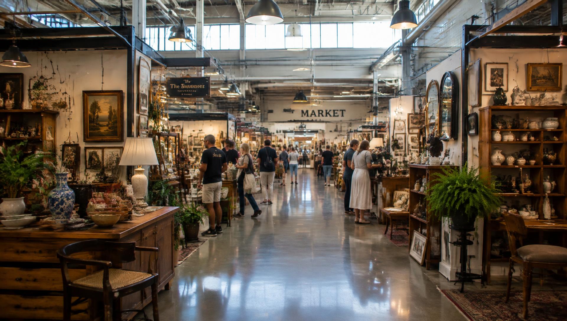 Shoppers browsing antique and vintage vendor booths inside a multi-dealer marketplace