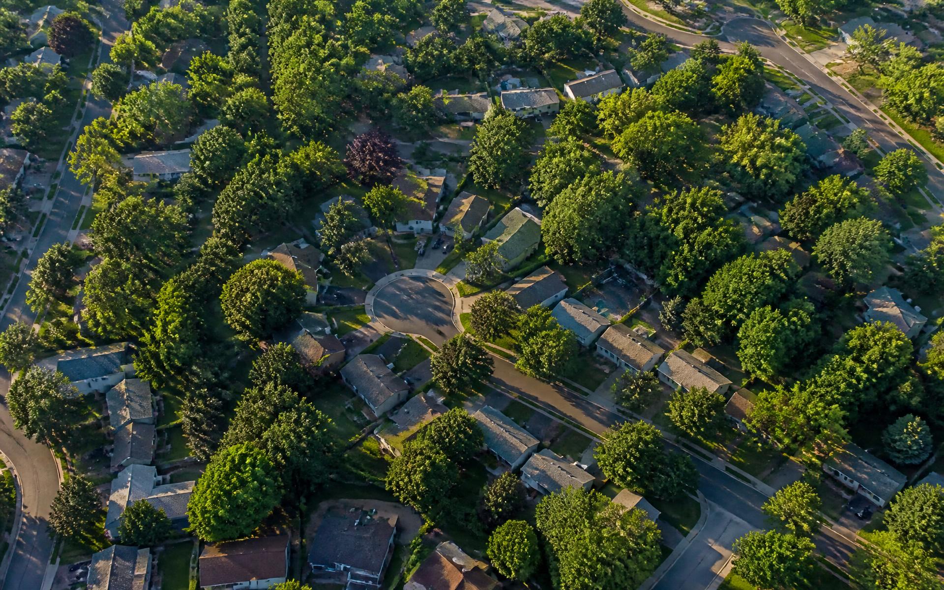 A tree-lined residential street of brick ranch homes in Cotswold